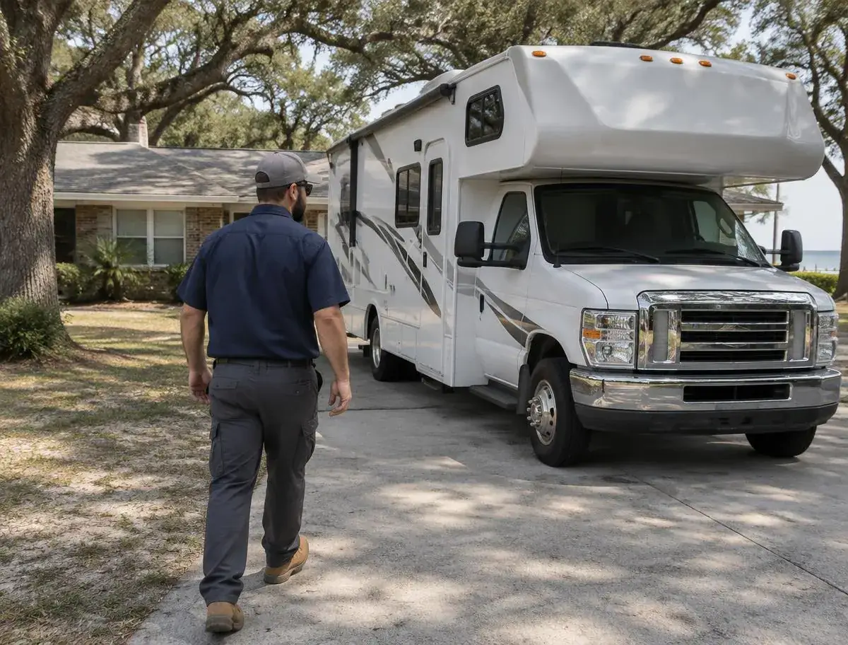 Mobile RV mechanic carrying a toolbox toward a Class C motorhome in a residential driveway shaded by live oaks on a sunny day