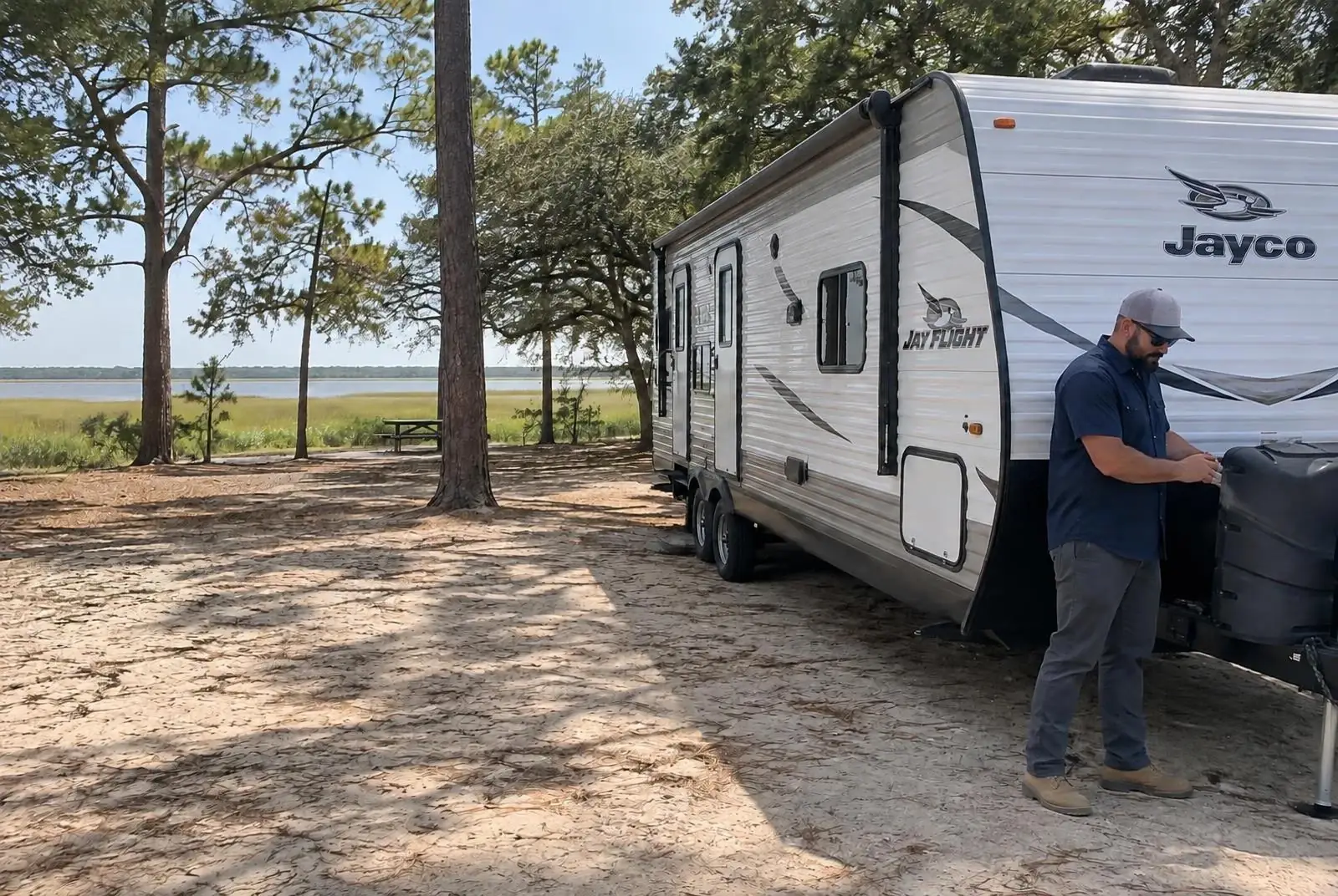 Virginia Beach RV AC Repair Near Sandbridge RV AC repair technician holding a tablet beside a travel trailer at a sandy campsite under loblolly pines near marsh grass on a sunny day