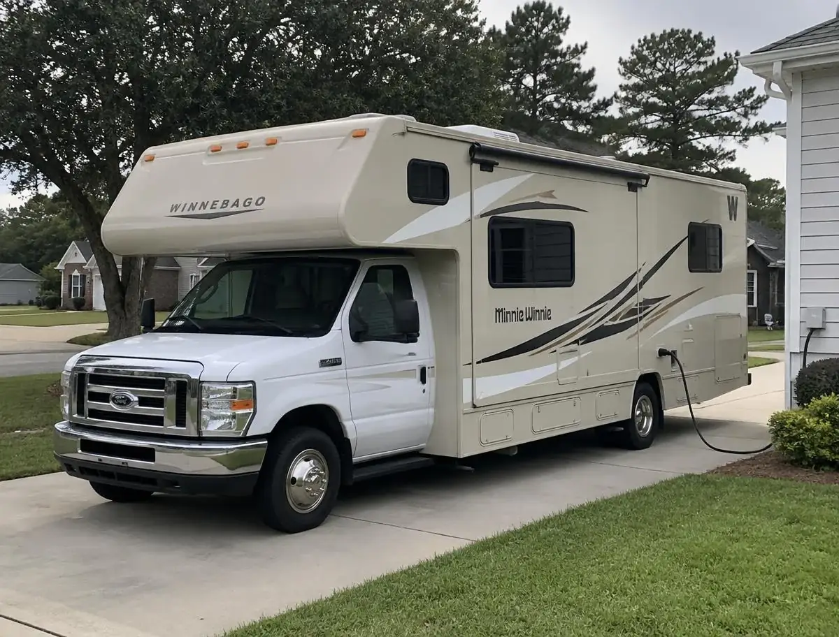 Class C motorhome plugged into shore power in a residential driveway beside a lawn and mature trees under an overcast sky