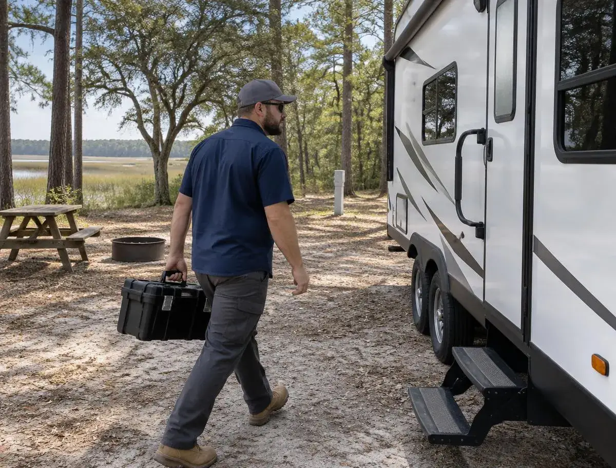 Mobile RV technician carrying a toolbox toward a travel trailer at a sandy, wooded campsite beside marsh grass on a sunny day